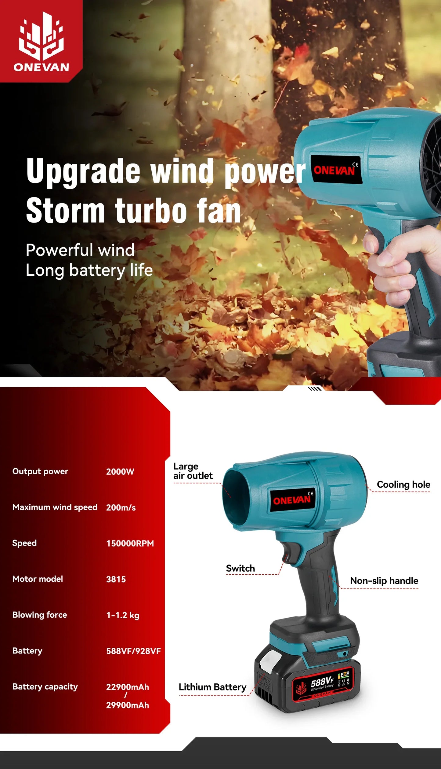 LymHous™ -ONEVAN 200M/S Brushless Turbo Jet Fan 2000W Cordless Electric Air Blower Dust Snow Removal Tool for 18V Battery
